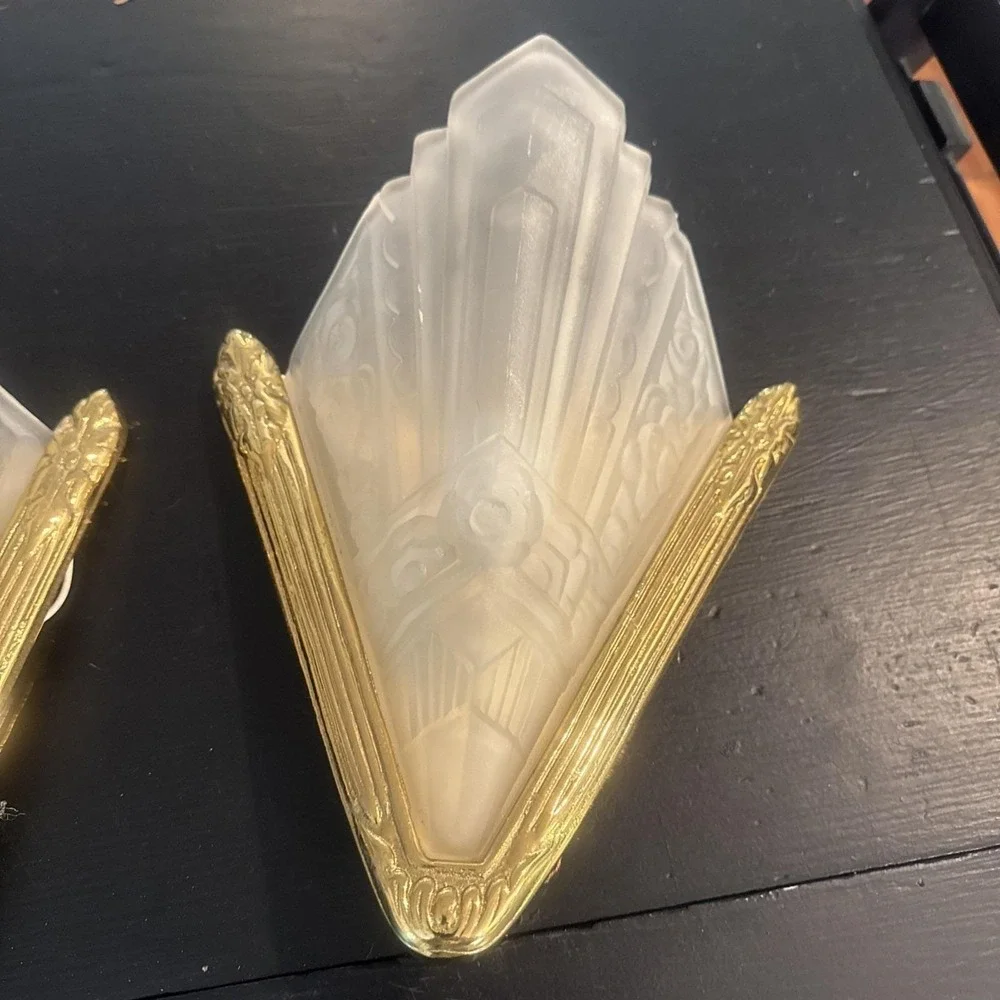 Pair Art‎ Deco Revival Wired Wall Sconce, Frosted Shell Slip Shade, A+ Condition